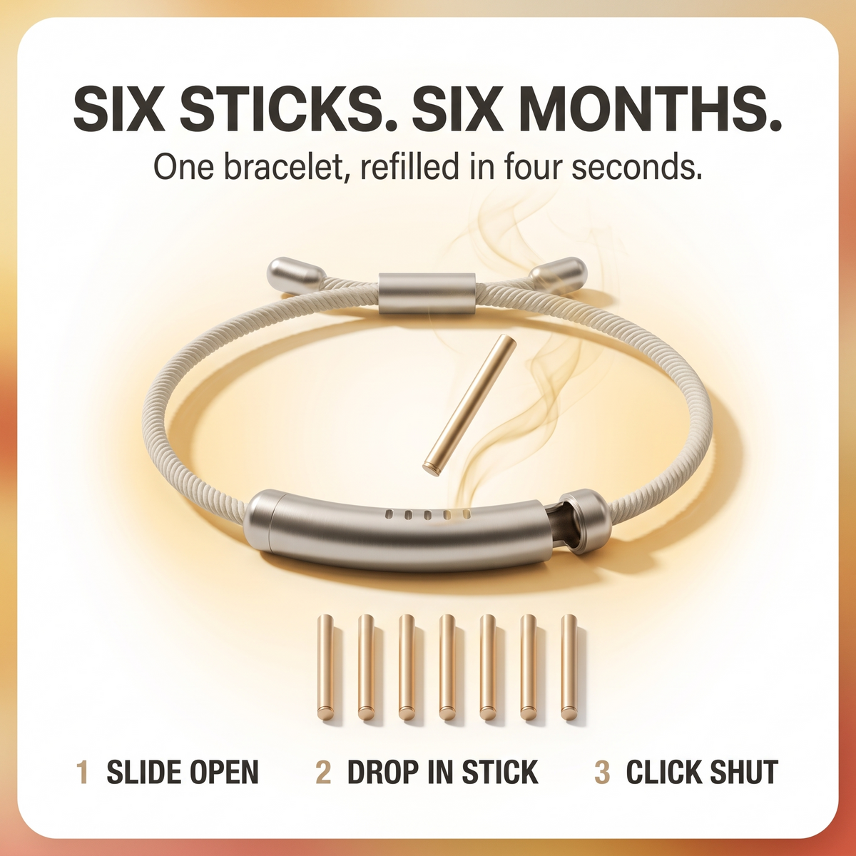Six sticks, six months. Refilled in four seconds.